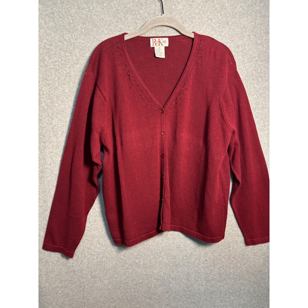 Vintage R&K Ramie Cotton Cardigan Red Beaded V Neck Sweater Plus Size 18
